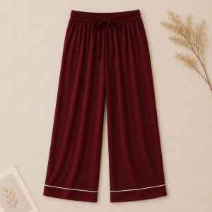 Alternative view of Women's Burgundy Cotton Stretch Pajama Shirt – Soft Long Sleeve Button-Up Sleepwear Top with Contrast Piping