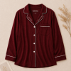 Women's Burgundy Cotton Stretch Pajama Shirt – Soft Long Sleeve Button-Up Sleepwear Top with Contrast Piping