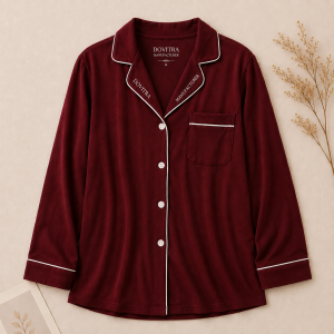 Women's Burgundy Cotton Stretch Pajama Shirt – Soft Long Sleeve Button-Up Sleepwear Top with Contrast Piping