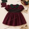 Burgundy Hand-Smocked Christmas Dress with Puff Sleeves