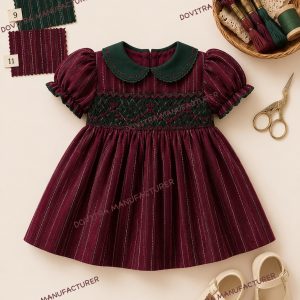 Burgundy Hand-Smocked Christmas Dress with Puff Sleeves