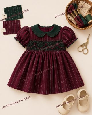 Burgundy Hand-Smocked Christmas Dress with Puff Sleeves
