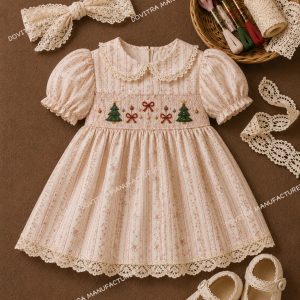 Pink Stripe Smocked Christmas Dress with Lace Trim