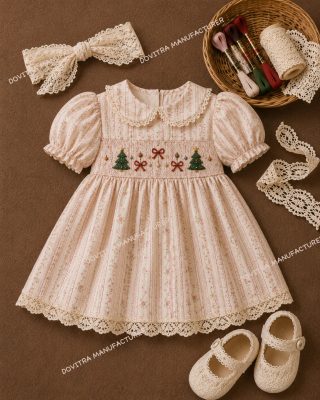 Pink Stripe Smocked Christmas Dress with Lace Trim