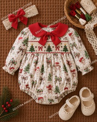 Christmas Printed Smocked Bubble Romper