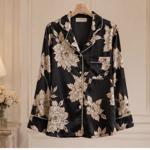 Women's Luxury Floral Satin Pajama Set – Silky Soft Long Sleeve Button-Up Sleepwear with Relaxed Fit