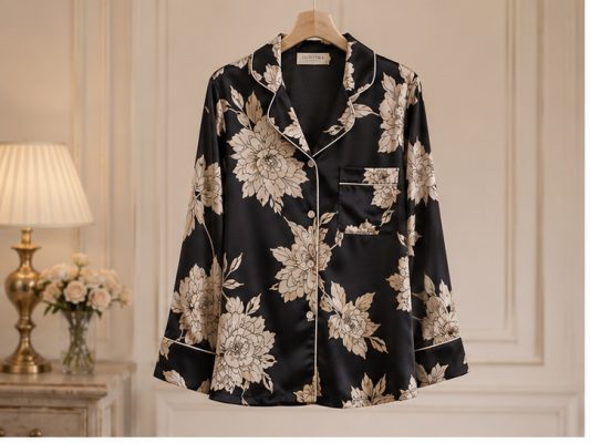 Women's Luxury Floral Satin Pajama Set – Silky Soft Long Sleeve Button-Up Sleepwear with Relaxed Fit